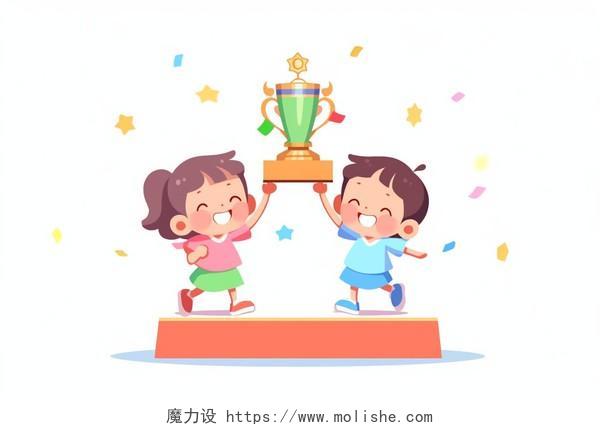 孩子高兴地站在颁奖台上拿着奖杯卡通AI插画颁奖典礼获胜儿童比赛